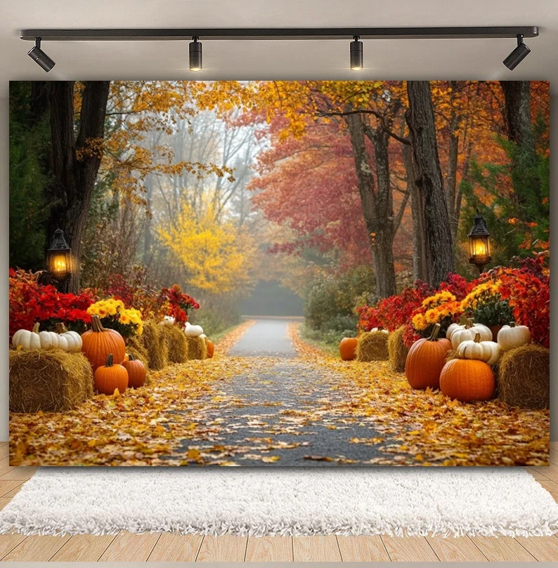 Autumn Forest Path Backdrop Maple Leaf Haystack Lantern Pumpkin Harvest Thanksgiving Portrait Photography Background Photozone