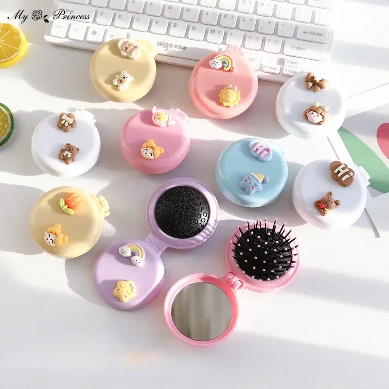Color Cartoon Hair Comb with Folding Mirror Traveling Portable Massage Folding Comb Girl Hair Brush with Mirror Styling Tools