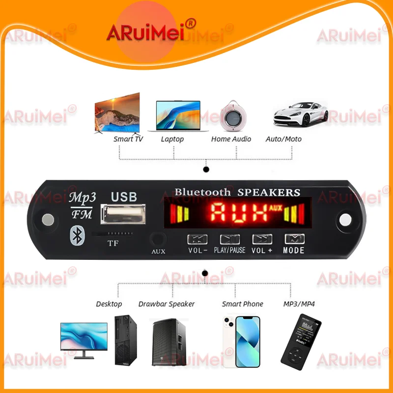 ​Bluetooth Audio Amplifier Board for Car Stereo - MP3 WMA APE Decoder with USB TF Card FM Radio Handsfree MIC, DC 7-12V