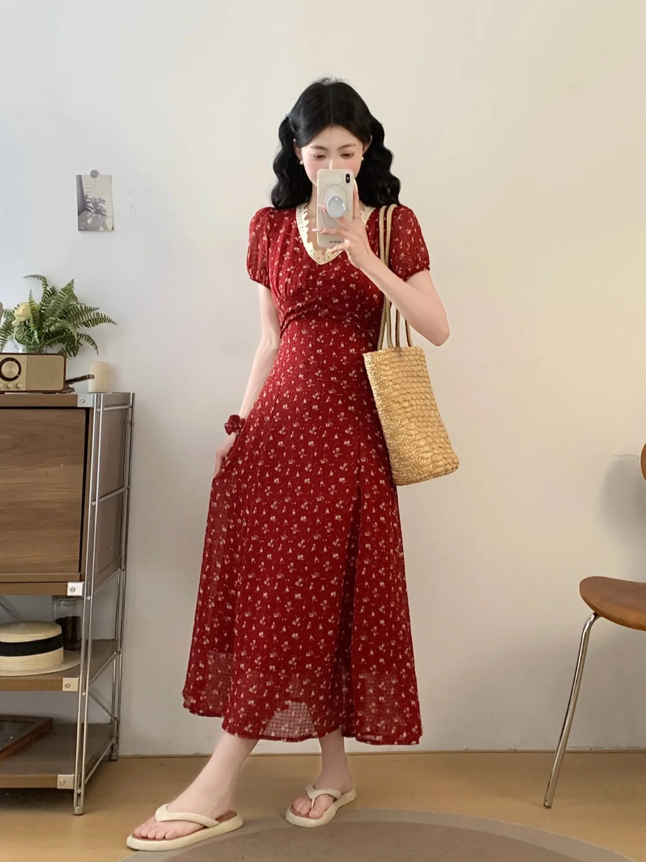 

plus Size Women's Sweet Style Red Floral Print V-Neck Short Sleeve A-Line Dress Summer New Waist-Cinching Korean Version Dress