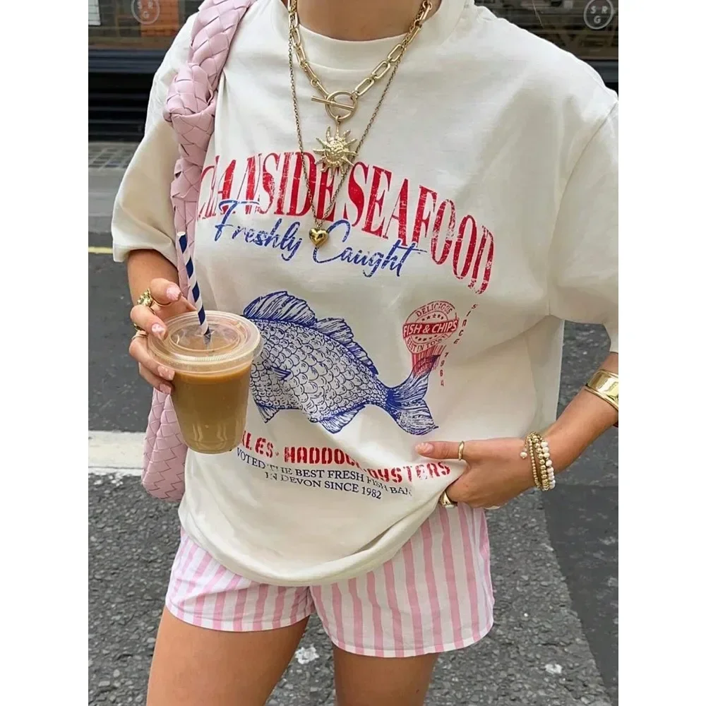 American Personalized Seafood Graphic Shirts for Women Summer Fashion Y2K Aesthetic Street Clothing Short- Sleeved Loose Tops