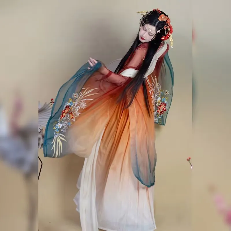 중국 한푸 원피스 여성 카니발 요정 코스프레 코스튬 당나라 자수 그라데이션 오렌지 한푸 파티 복장