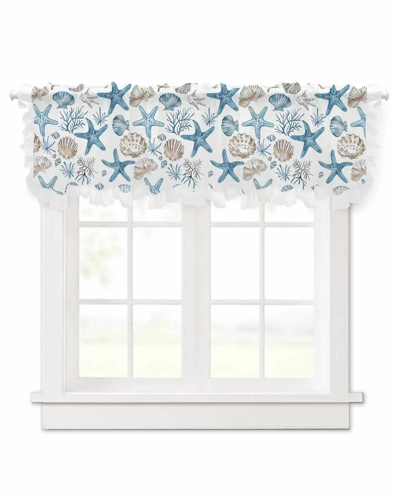 Marine Coral Shell Starfish Blue Series Short Tulle Half Curtains for Living Room Kitchen Door Cafe Window Sheer Valance Drapes