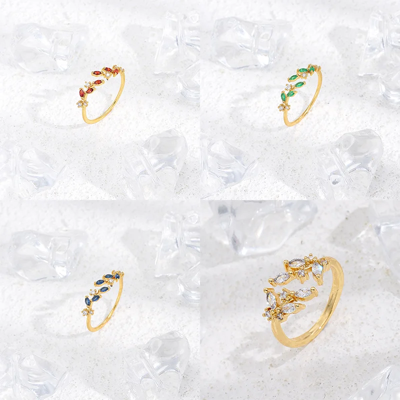 Hot Sale Adjustable Opening Multi-colors Zircon Leaf-shaped Ring Female Exquisite Jewelry