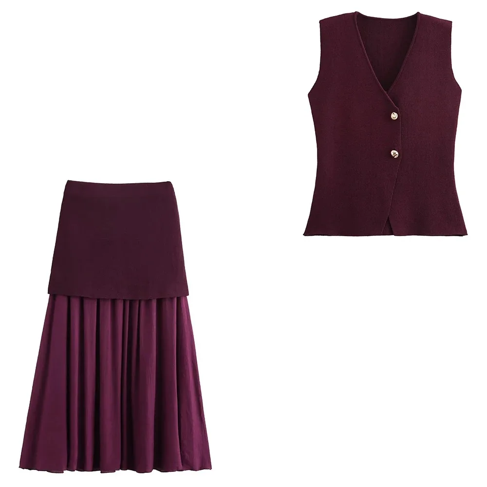 بدلة نسائية أنيقة جديدة أنيقة برقبة على شكل حرف V وزر ذهبي محبوك صدرية نسائية متماسكة صدرية نسائية تنورة طويلة مزخرفة مجعدة تنورة طويلة مزخرفة على طراز الشارع أنيقة نسائية أنيقة INS مدون مدون نفس الموديلات