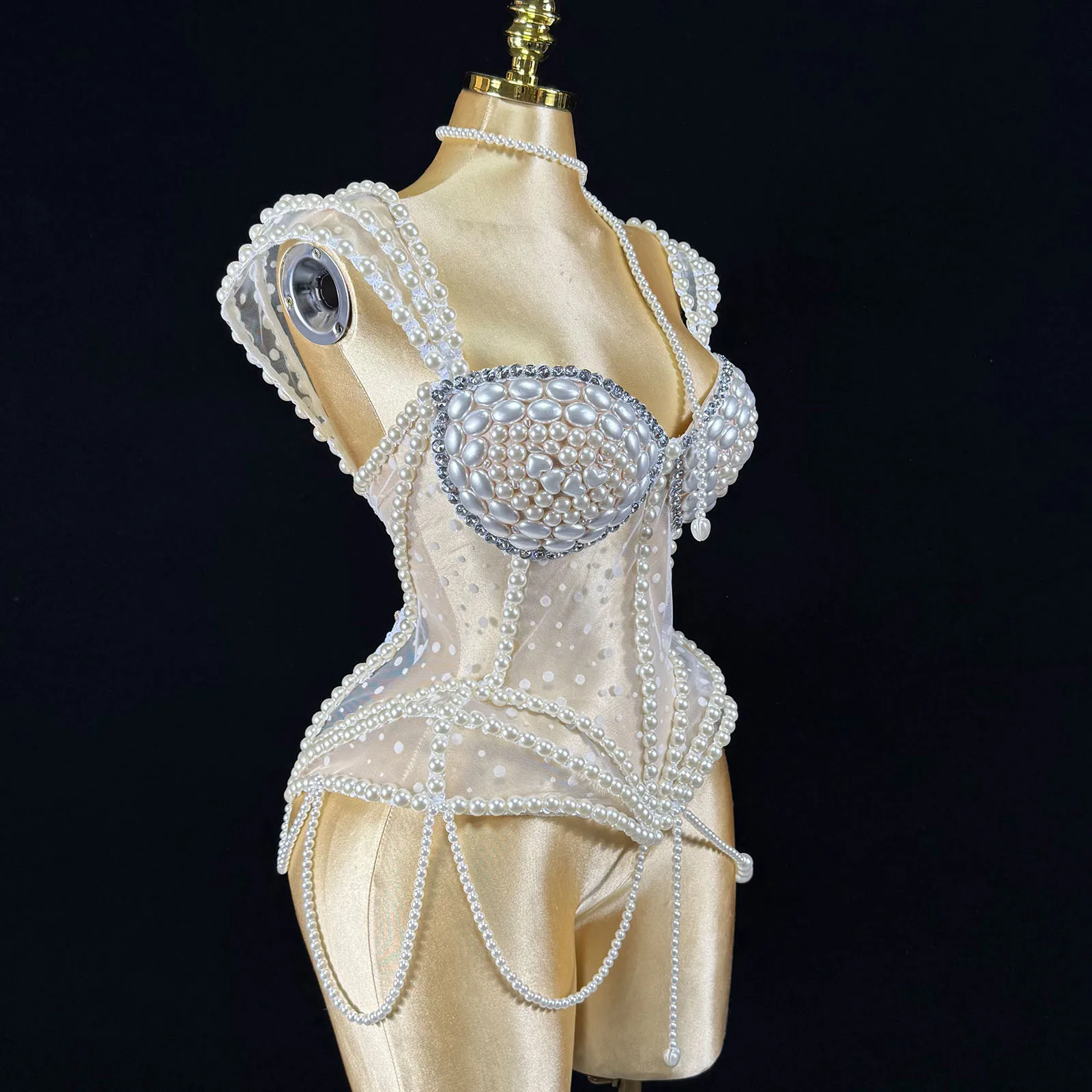 NEW GOGO White Pearl Show Girl Stage Sexy Women Nightclub Party Birthday Crop Tops Wear Singer Performance Drag Queen Costumes