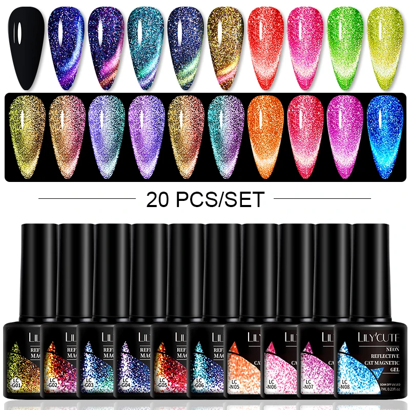 

LILYCUTE 20Pcs/Set Gel Nail Polish Set Reflective Glitter Cat Magnetic Gel Nail Art Vernis Semi Permanent Soak Off UV Color Gel