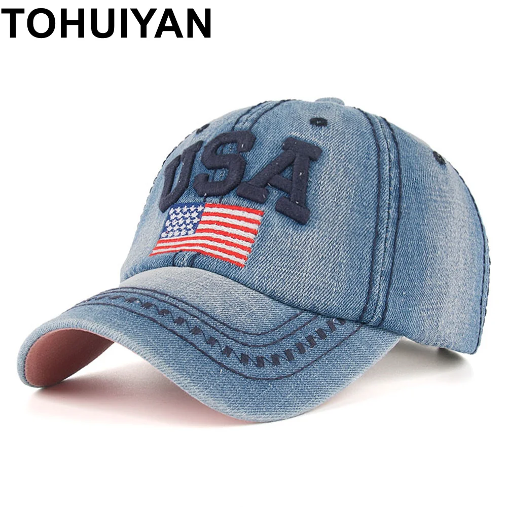 

TOHUIYAN USA Flag Embroidery Caps For Men Women Retro Denim Baseball Cap Autumn Strapback Casquette Hip Hop Hat Couples Snapback