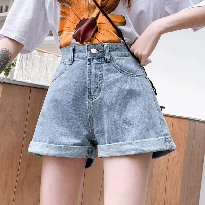 

Women's Jeans Rolled Edge Wide Leg Denim Shorts Retro High Waist Pants Casual Jeans Summer Korean Spicy Girl Loose A-line Shorts