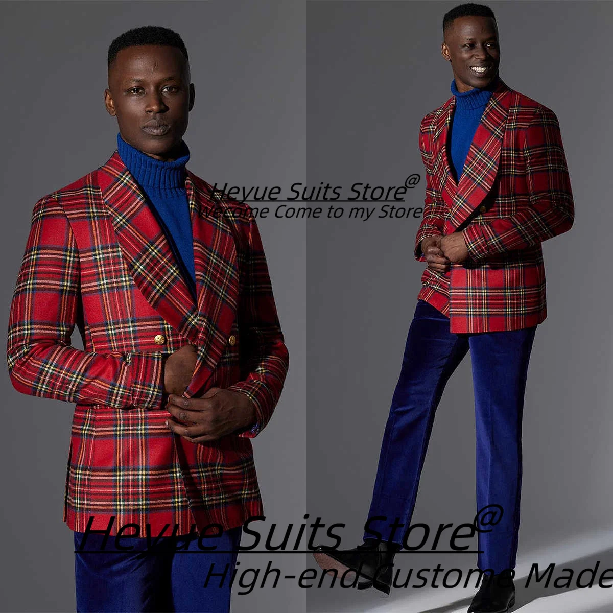 

Casual Red Plaid Party Men Suits Customized Slim Fit Shawl Lapel Groom Wedding Tuxedos 2 Pcs Sets Male Prom Blazers Ropa Hombre