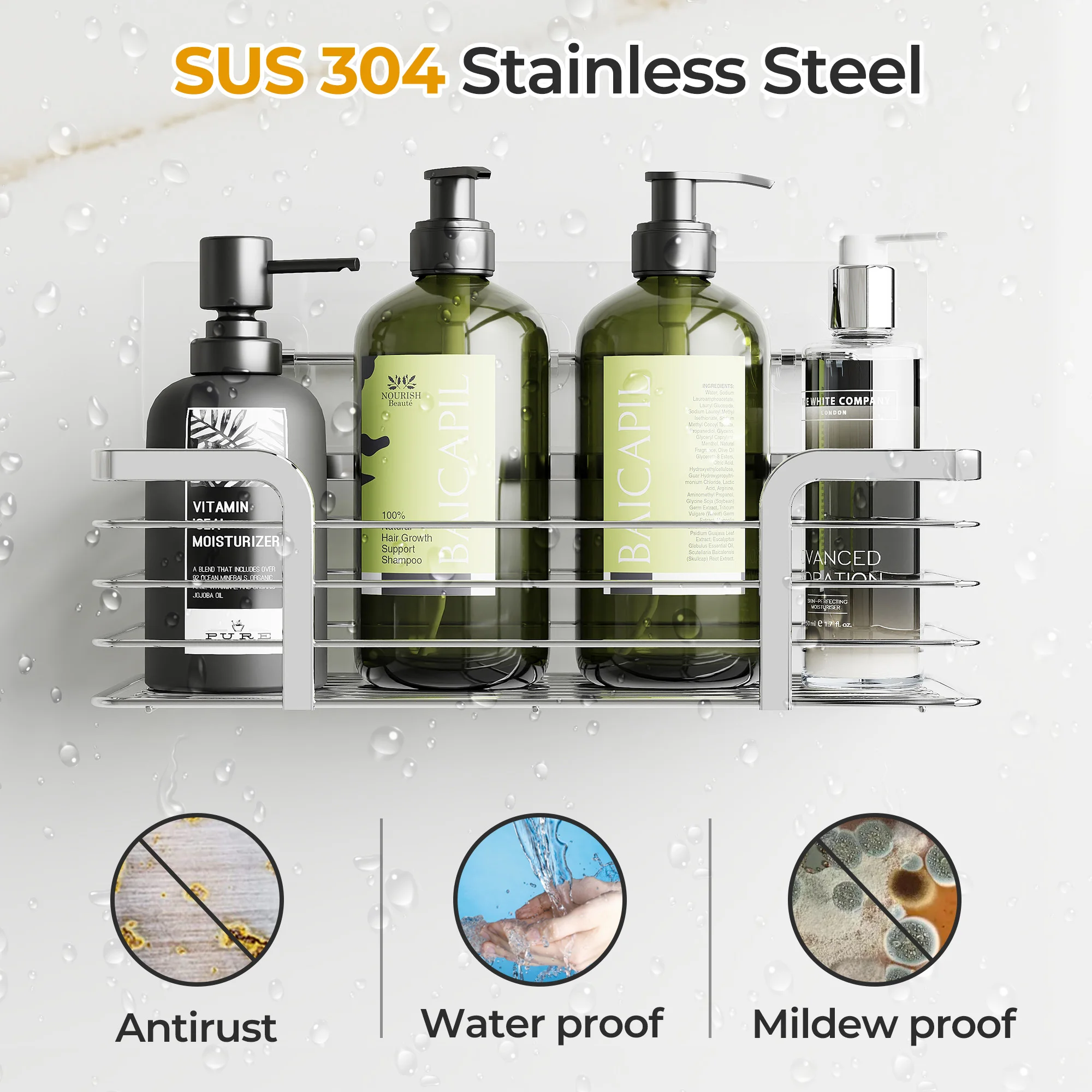 Imagem -03 - Impermeável Banheiro Prateleiras Cremalheira do Armazenamento sem Perfuração Prata Preto Cozinha Chuveiro Organizador Acessórios para Casa Pcs Aço Inoxidável