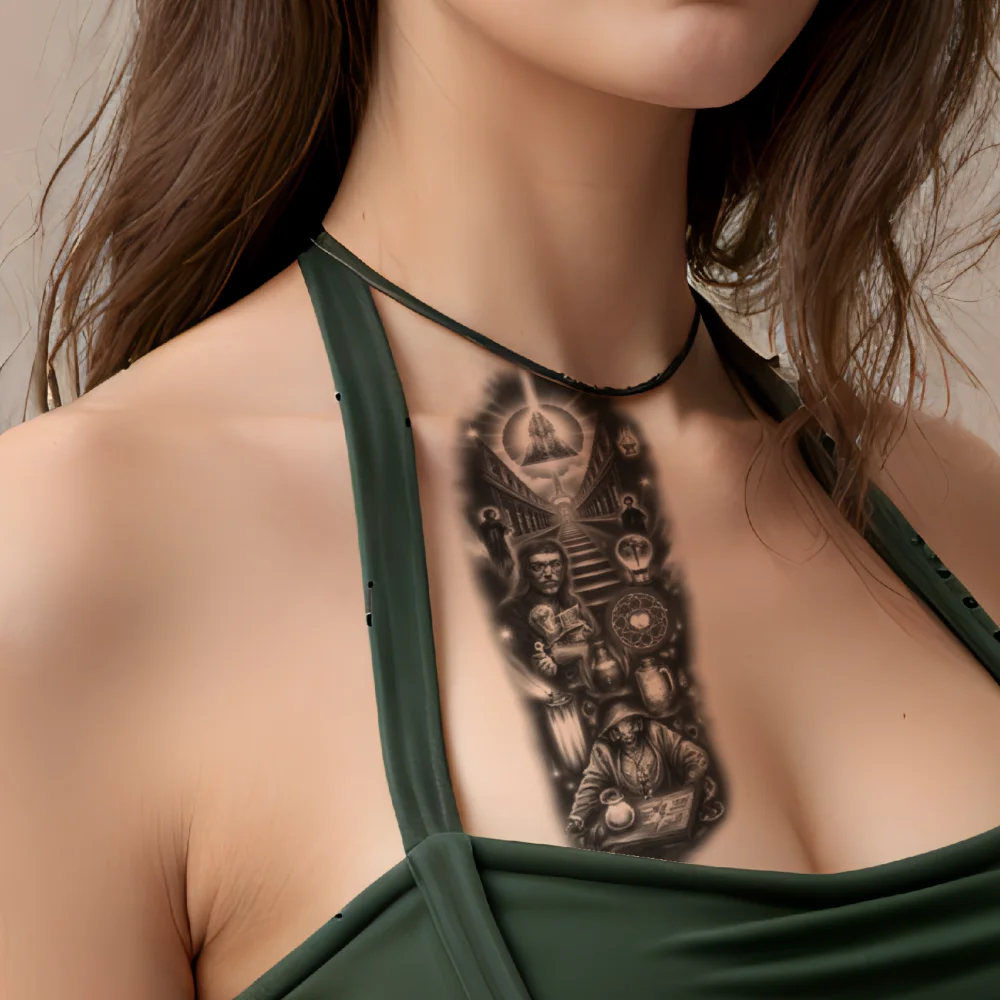 Tatouage temporaire noir et gris, 3 pièces, sablier et livres réalistes, démon avec Trident, éclairé de lune, pour femmes et adultes, cuisses