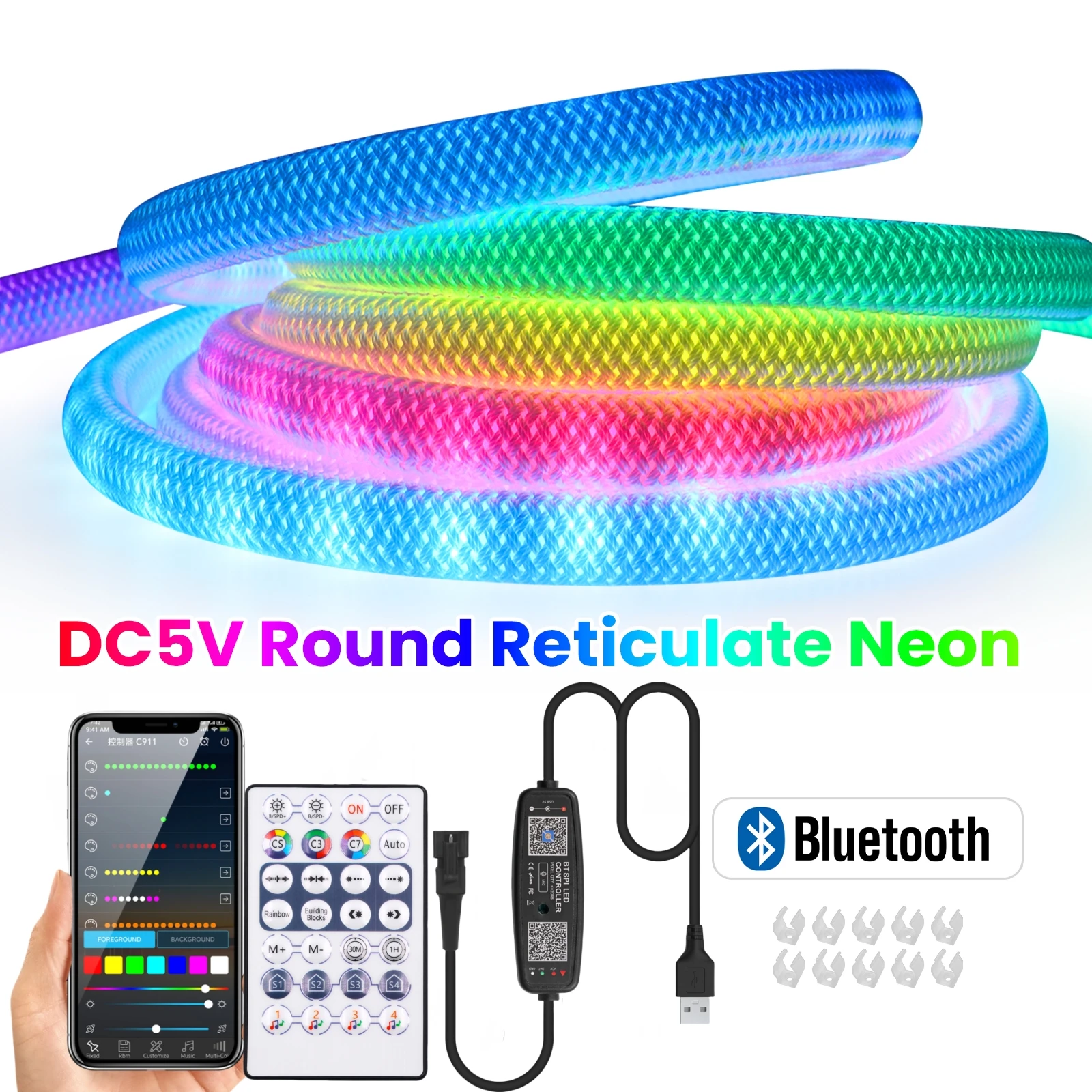 5V WS2812B 360 Degree Round Reticulate Pattern RGB Neon Light Bluetooth Voice Control LED Strip IP67 Flexible Silicone Light