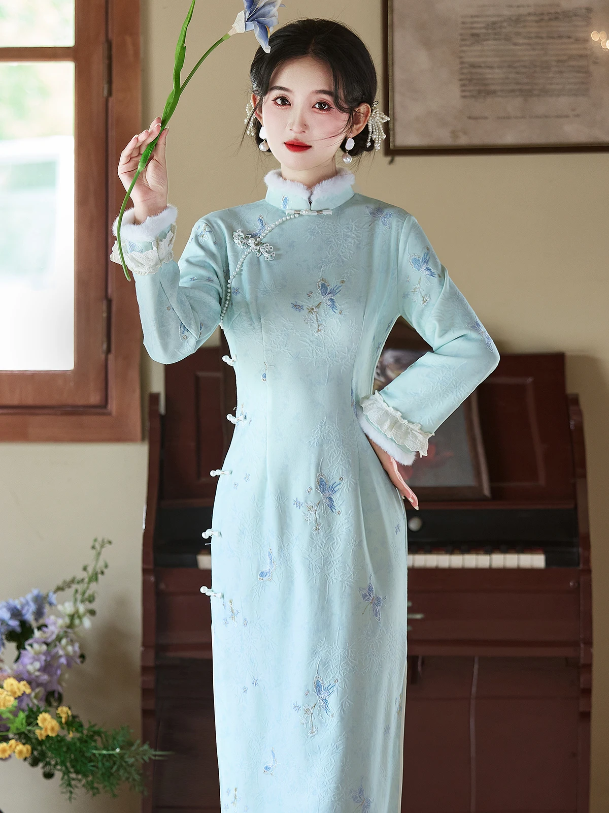 

Женский традиционный китайский костюм Ele Young Sle с вышивкой, на флисовой подкладке, теплый, повседневный, для коррекции фигуры, с длинными рукавами