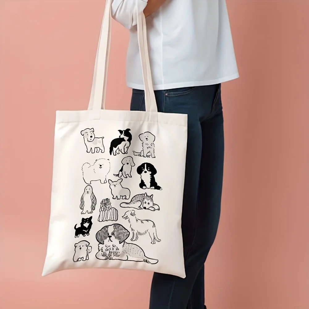 Minimalist Puppy Sketch Canvas Tote Bag Multi Dog Breed Print Reusable Shopping Shoulder Casual Gift Handbag