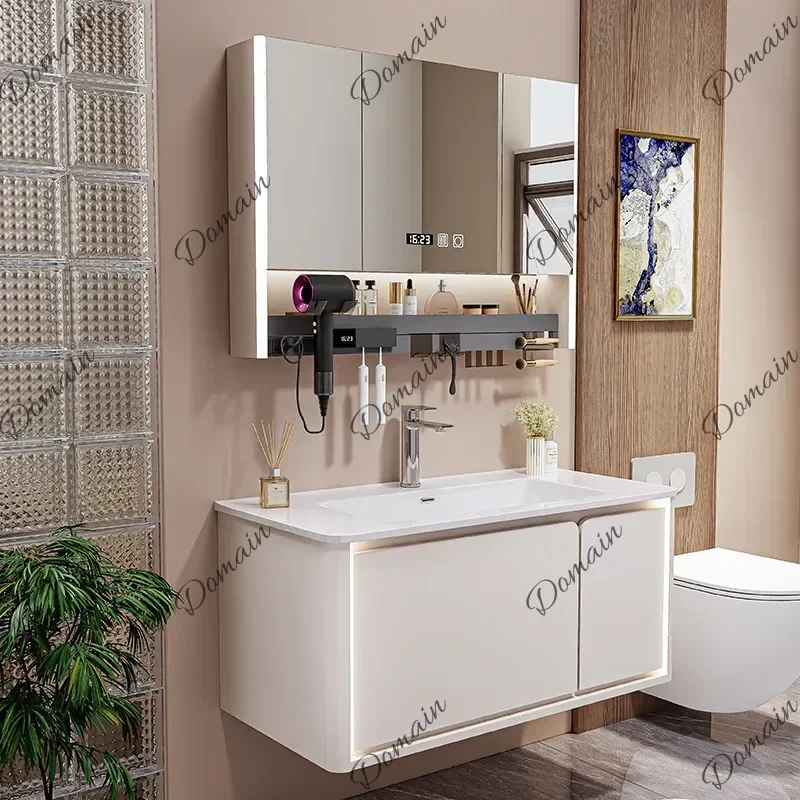 9PS Ambient Lighting Bathroom Cabinets Rubber Wood Lacquered Door Panel Bathroom Cabinets Ceramic Washbasin Furniture Taquilla J
