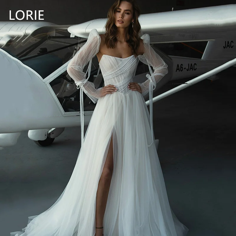 

LORIE Sexy A-line Beeding Applique Wedding Dresses Side Split Puff Sleeves Bridal Gown Backless Wedding Gowns Customized 2025