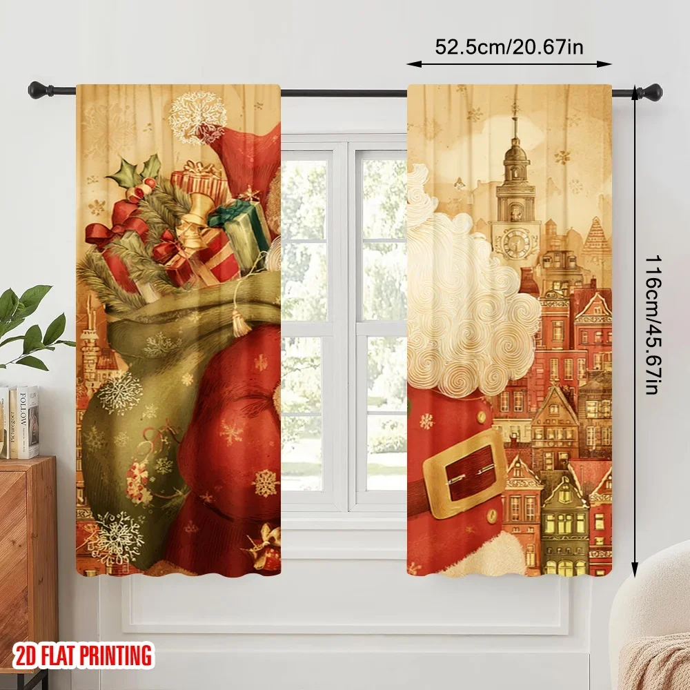 2pcs,2D plane printing Minimalist Curtains Vibrant Santa Polyester Fabric (without rod) Festive Use for Living Room, Bedroom,