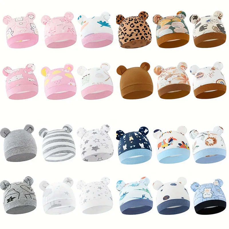 

6Pcs/lot Newborn Baby Hat Cute Bear Ear Beanie Cartoon Printed Cotton Hats for Boys Girls Infant Shower Gifts 0-3 Months