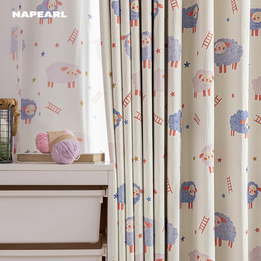 Soft Pastel Colors Cute Style Curtains for Children's Room Sheep Star Ladder Print Window Drapes Whimsical Home Decor