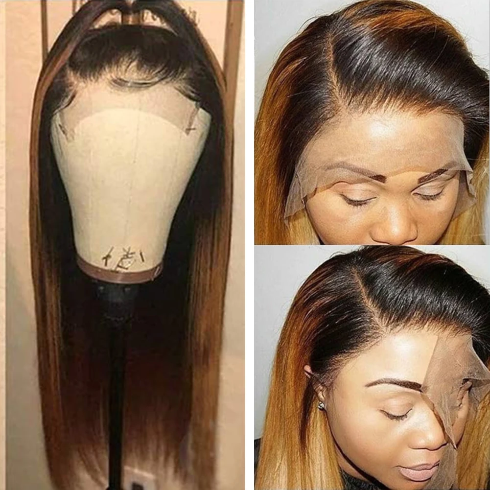 Peluca lisa de encaje frontal para mujeres negras, pelo de bebé predespuntado sin pegamento, 26 pulgadas de largo, Marrón degradado, Rubio, sedoso, suave, densidad de 180