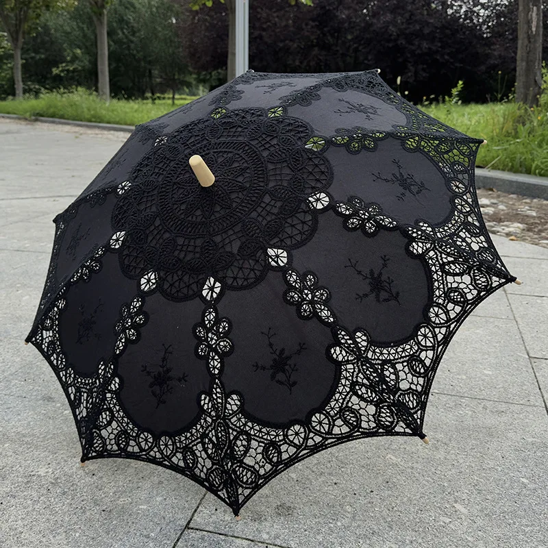 Lace Crochet Cotton Umbrella, Princess Style Embroidered Parasol for Wedding Dance Decor, Vintage Sun Shade Umbrella