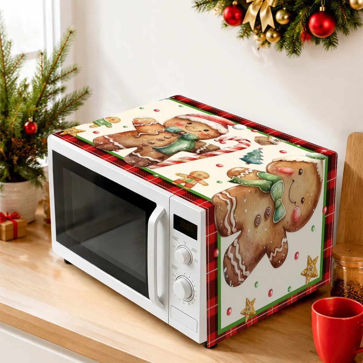 Christmas Microwave Cover Buffalo Plaid Gingerbread Man Print Polyester Decorative Microwave Top Cover for Christmas Decoration
