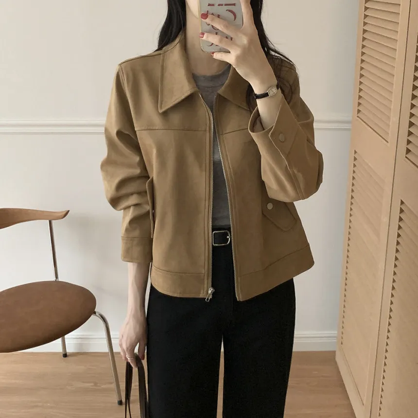 Inverno ort Svel Biker Sle Cappotto lungo Sve Tessuto scamosciato morbido Chiusura con cerniera Capispalla da donna coreano Sle Jaet