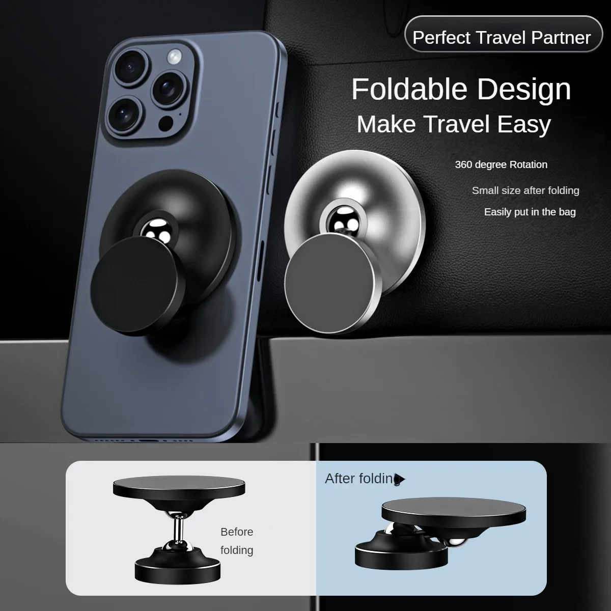 Strong Grip Foldable Magnetic Phone Holder - 360° Rotatable Car Mount, Universal Compatibility for iPhone, Samsung and More