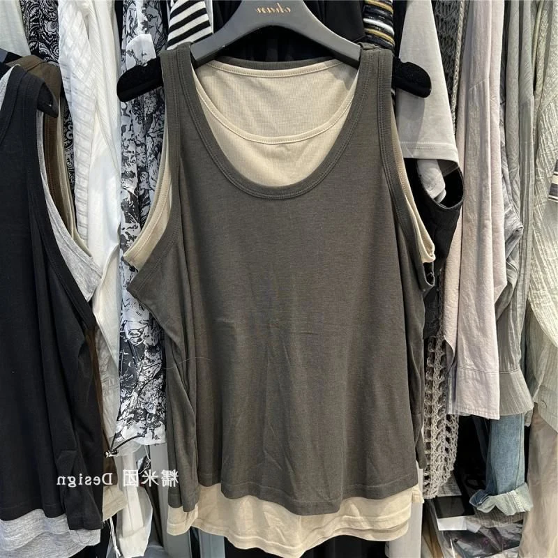 Plus Size Women's Summer Fake Two-Piece Tank Top Loose Casual Color Block Sleeveless T-Shirt Lazy Style Camisole Vest Daily Wear