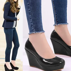 Princesa estilo couro patente rosa bomba sapatos alpercatas cunhas plataforma feminina salto alto senhora do escritório sapatos festa de casamento 6 principais vendas alpercatas senhora salto cunha - №3