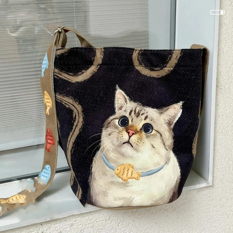 

Korean Lazy Canvas Bags Large Capacity Slack Canvas Bag Cat Shoulder Bags Design Sense Women's Bag