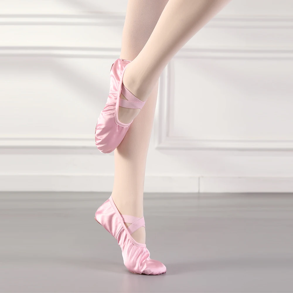 Girls Ballet Dance Shoes Silk Women Kids Dance Split Sole Ballroom Training Shoes Child Adult Ballet Shoes Peach pink Flat