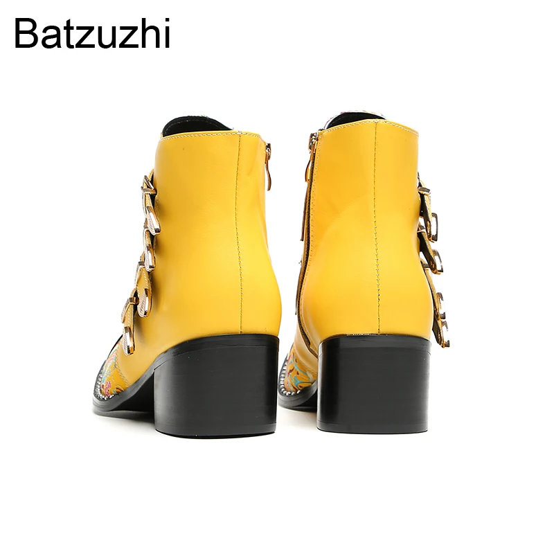 Batzuzhi 6.5cm Heels Fashion Yellow Men's Shoes Buckles Genuine Leather Ankle Boots Man Pointed Toe Party, Wedding Botas