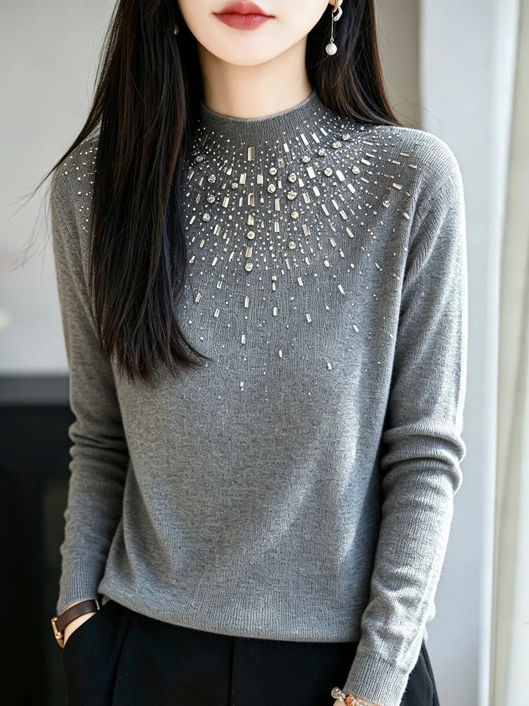 Semi-High Collar Knitted Sweater Women's Fashionable Design Diamond Stitching Base Shirt Autumn Winter New Style