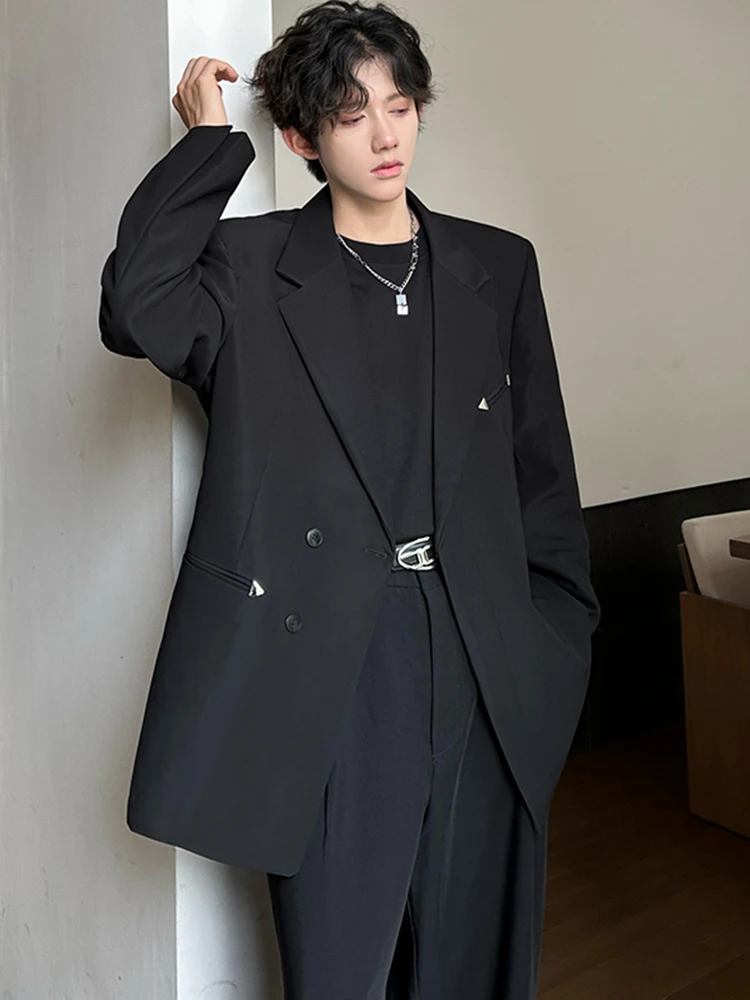 

Bla Pad oulder Briti Sle Men's Suit Jaet Metal Design Hair St Autumn Faion Casual Long Sve Regular Fit