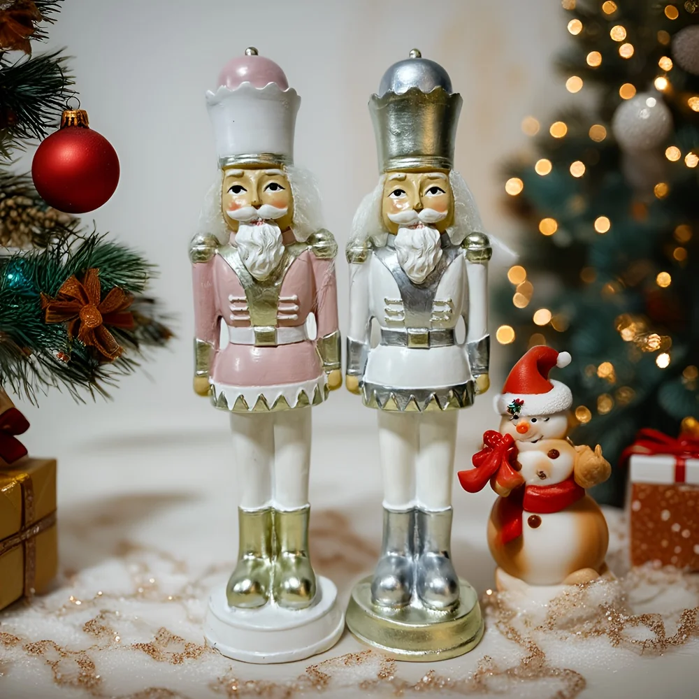 

2pcs Hand-Painted Nutcracker Soldiers - Vintage Pink White Christmas Figurines for Home Decor, Indoor Outdoor