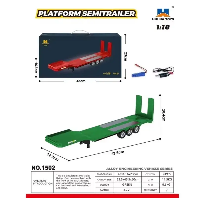 Modelo de Trailer Semi-Reboque Elétrico Huina 1509 1/18 para Caminhão Trator RC 1501 com Suporte para Luz Traseira e Sem Sistema de Som