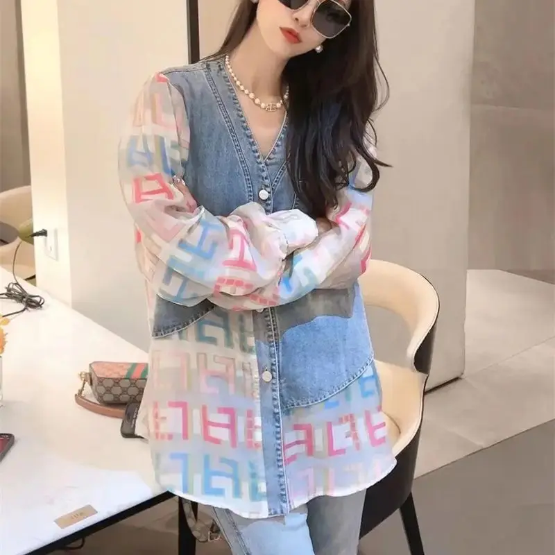 

Sweet Mid-length Denim Coat Splicing Shirt 2023 Loose Korean Version Thin Shirt Splicing Age-Reducing Cardigan Female Commuter X