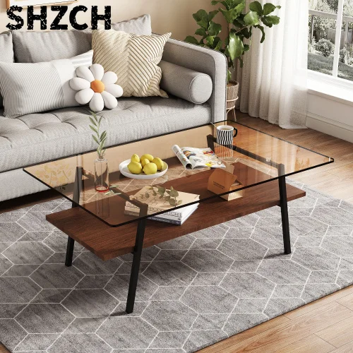 Custom Hot Tempered Glass Desktop Rectangular Coffee Table, Black Metal Legs, Modern Living Room Table, Brown Glass.