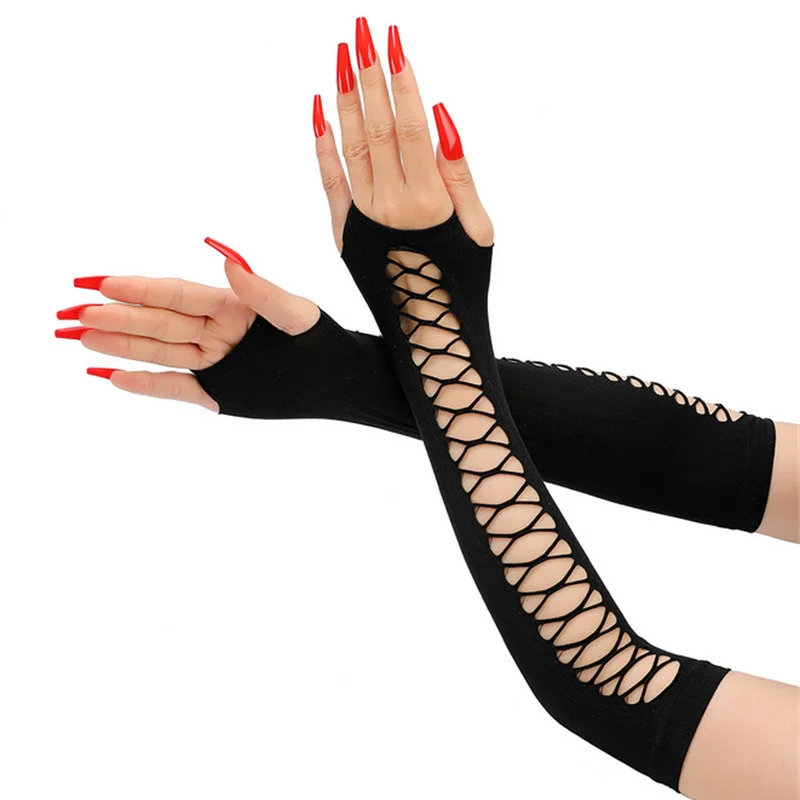 Vintage Party Cosplay Mesh Stretch Gloves Nightclub Dancing Half-Finger Fun Fishnet Mittens Women's Long Broken Hole Arm Sleeve