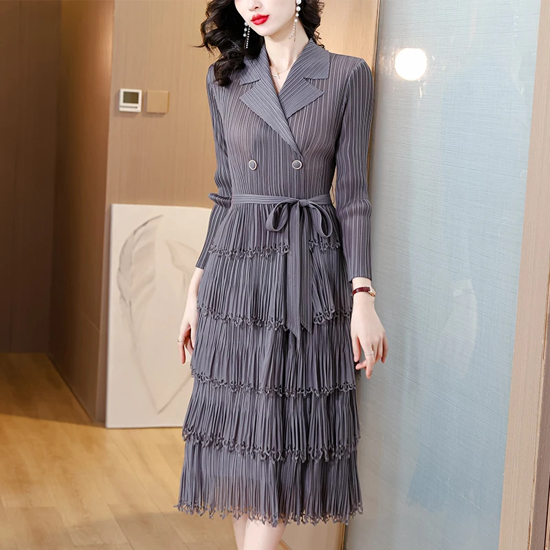 2023 Autumn Winter Notched Collar Ruffles Cake Midi Dress New Miyake Pleated Women Double-Breasted Lace Up Belt Loose Vestidos