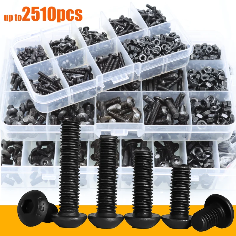 Allen Screws 2510 M2 M3 M4 M5 M6 Hex Socket Allen Screw Nut and Washer Grade 10.9 Black Carbon Steel Motorcycle Round Head Bolts