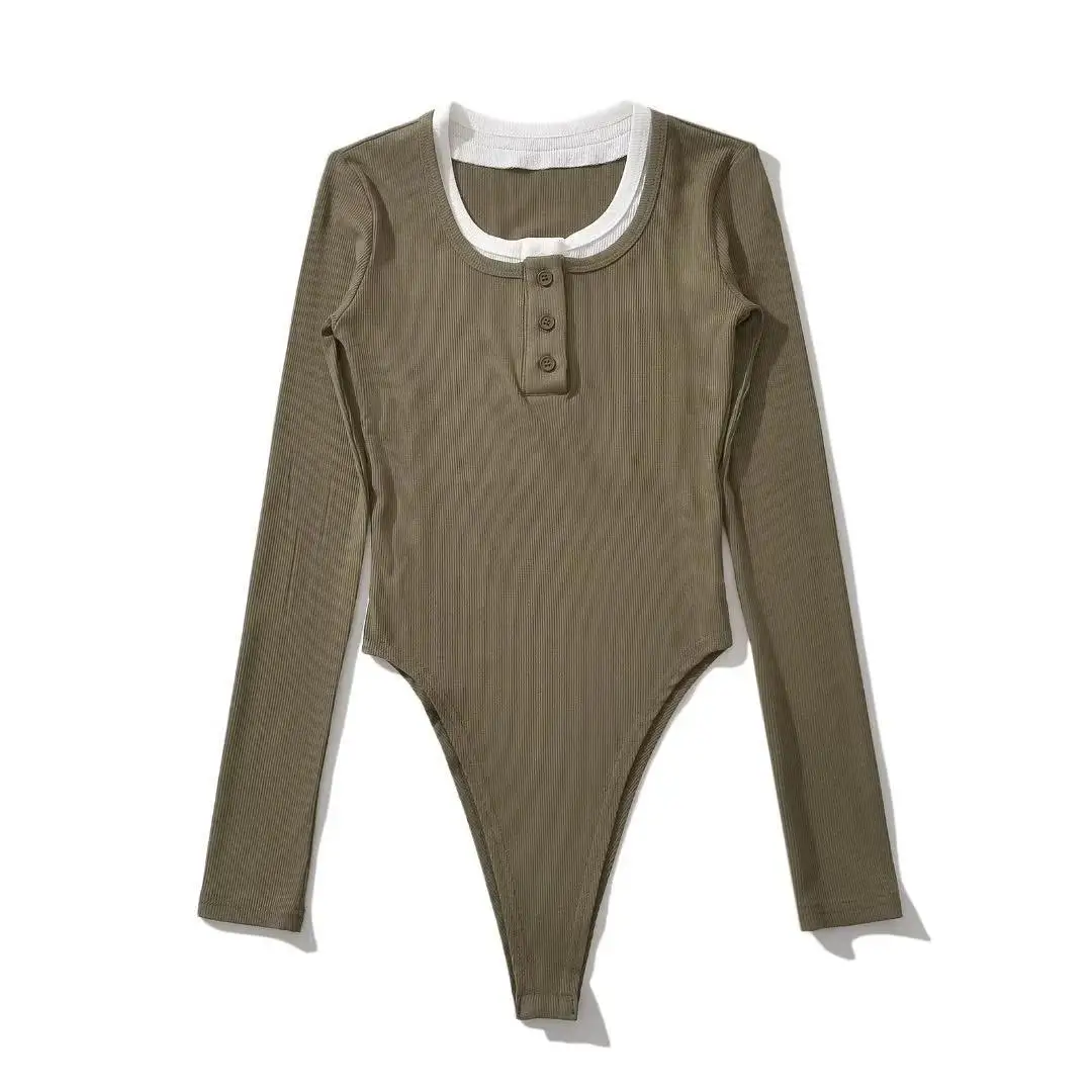 Vrouwen Nep Twee Gebreide Bodysuits Lente Herfst Lange Mouw V-Hals Knopen Top Jumpsuits