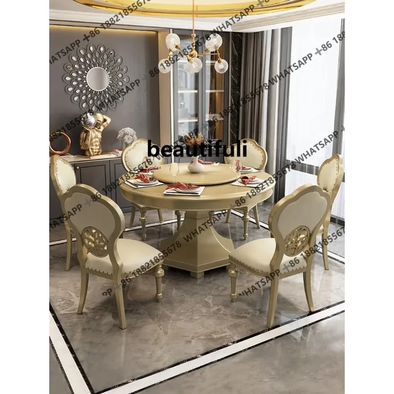 

R American marble dining table solid wood round with turntable household European dining table and chair combination H