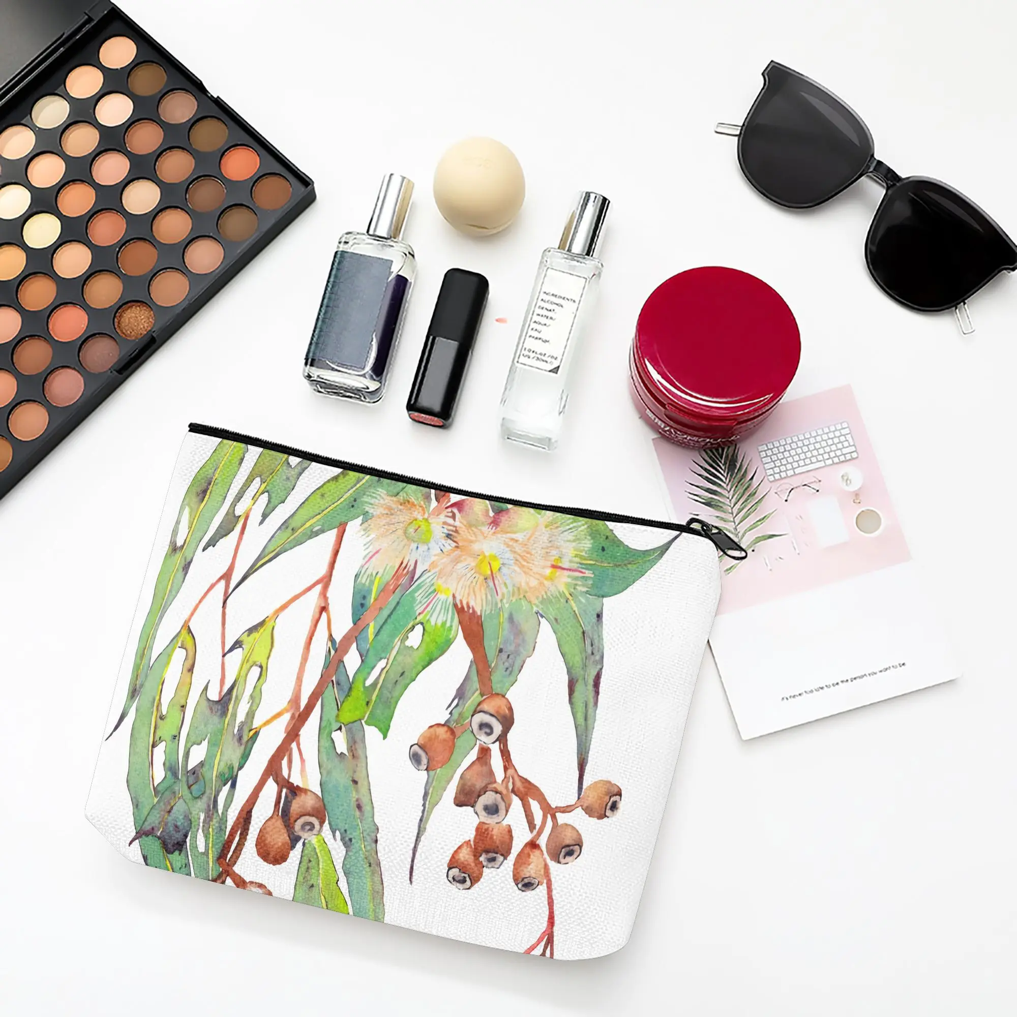1 Piece White Floral and Fruit-Patterned Eucalyptus Branch Makeup Bag - Multifunctional Zipper Pouch for Women, Perfect Travel