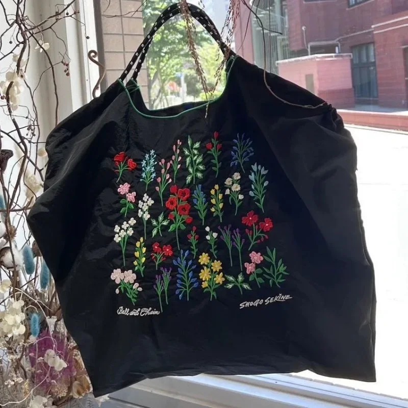 Japanese For Hand Bag Oxford Cloth Embroidery Nylon Shopping Bag Portable Shoulder Bag Korea bag Foldable Bag Floral Embroidery