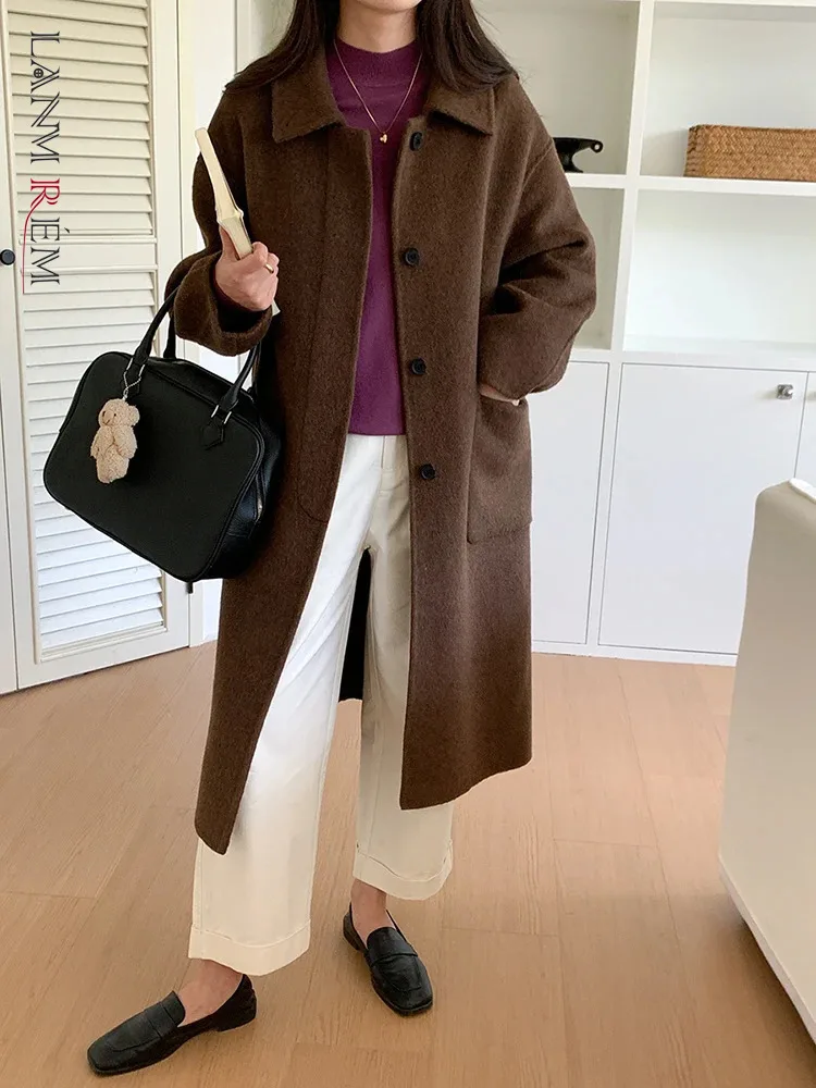 

[LANMREM] Minimalism Wool Coats For Women Lapel Single Breasted Office Lady Warm Long Outwear Female 2024 Winter New 26C1514