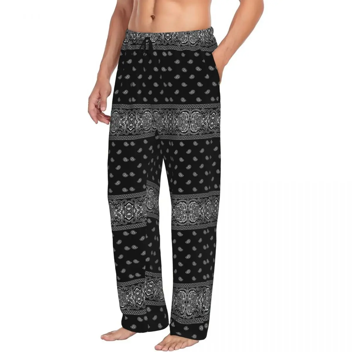 Custom Printed Men Black And White Paisley Chicano Bandana Style Pajama Pants Sleepwear Sleep Lounge Bottoms with Pockets