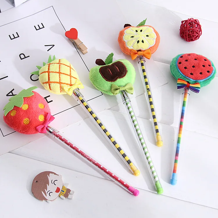 25 Pcs Wholesale Cartoon Plush Fruit Gel Pens Set Creative Cute 0.5mm Black Transparent Pen Office Supplies